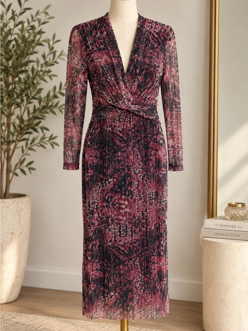 NWT Anne Klein Pleated Metallic Twist Front Midi Dress Pink Multi 8